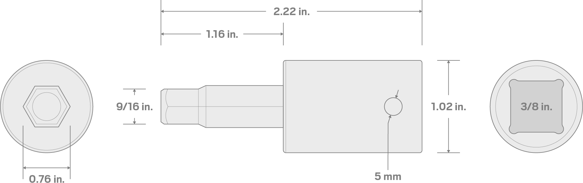 Specs for 3/8 Inch Drive x 9/16 Inch Hex Impact Bit Socket