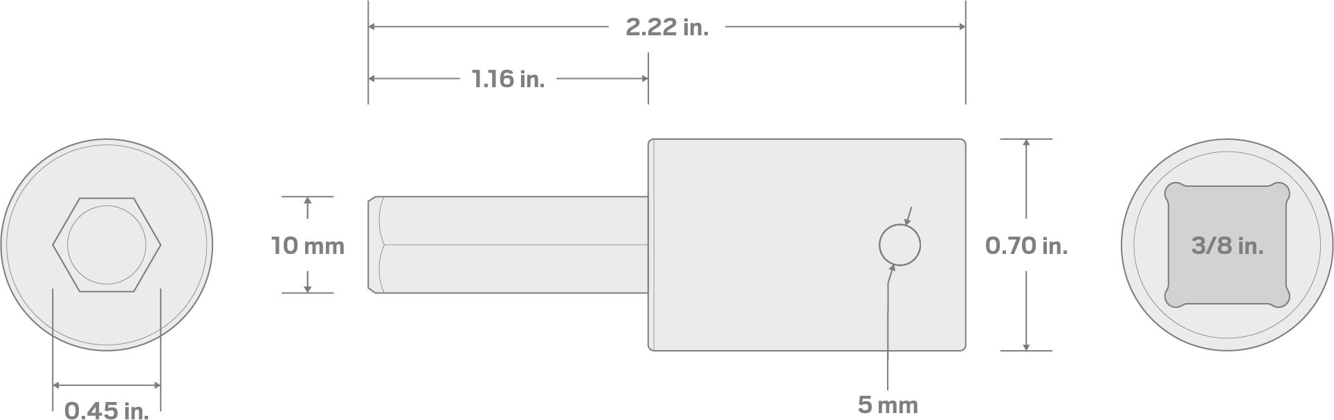 Specs for 3/8 Inch Drive x 10 mm Hex Impact Bit Socket