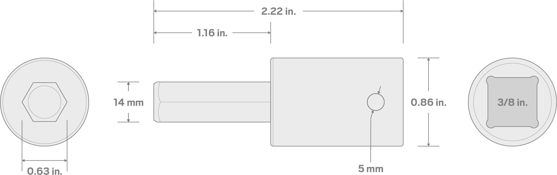 Specs for 3/8 Inch Drive x 14 mm Hex Impact Bit Socket