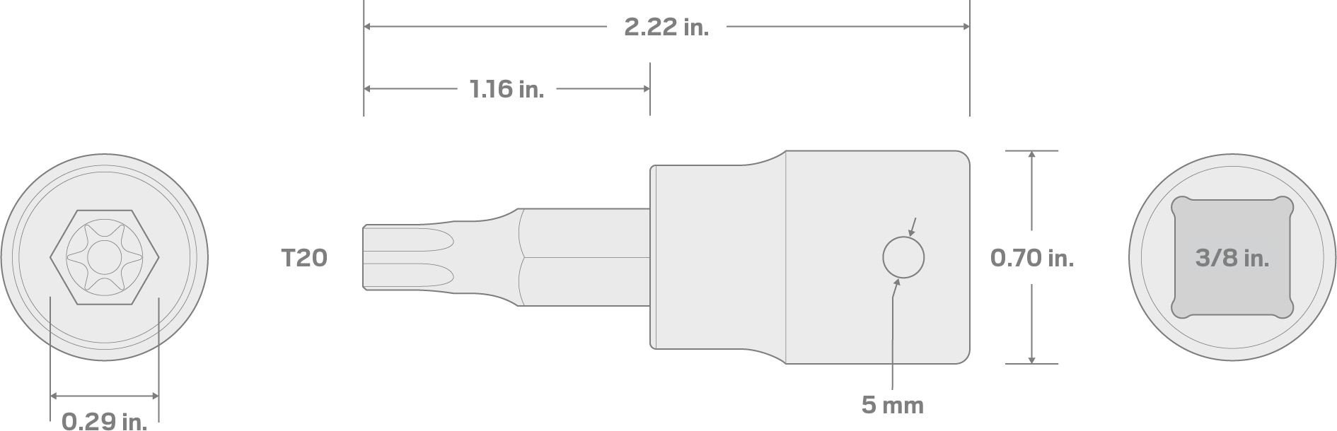 Specs for 3/8 Inch Drive x T20 Torx Impact Bit Socket