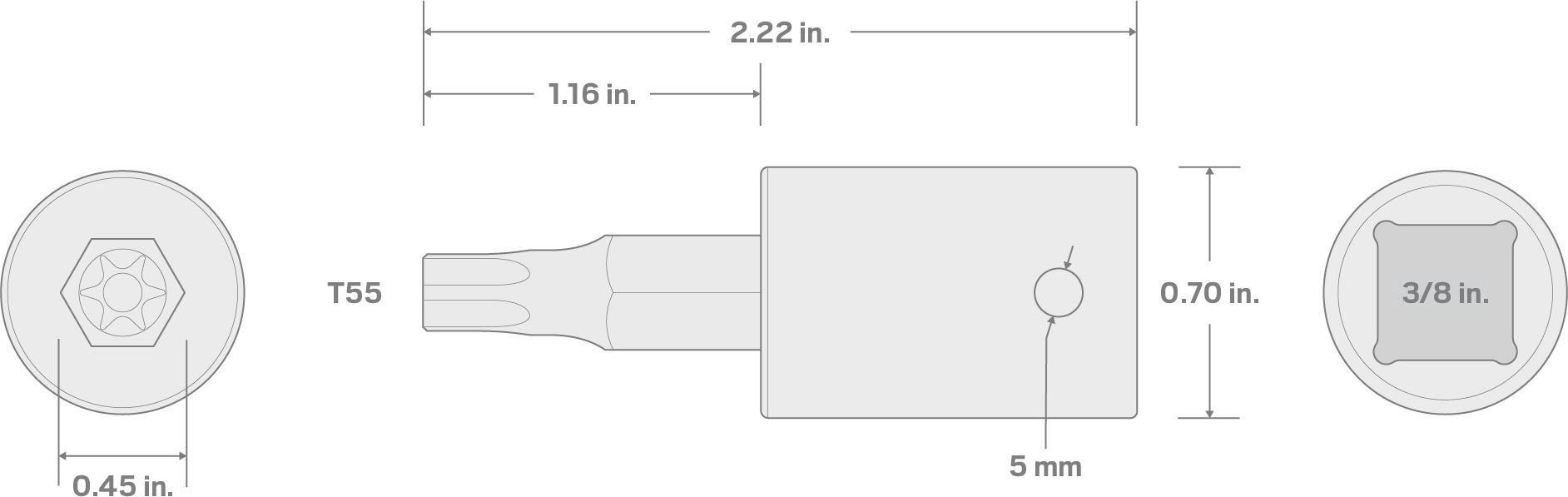 Specs for 3/8 Inch Drive x T55 Torx Impact Bit Socket