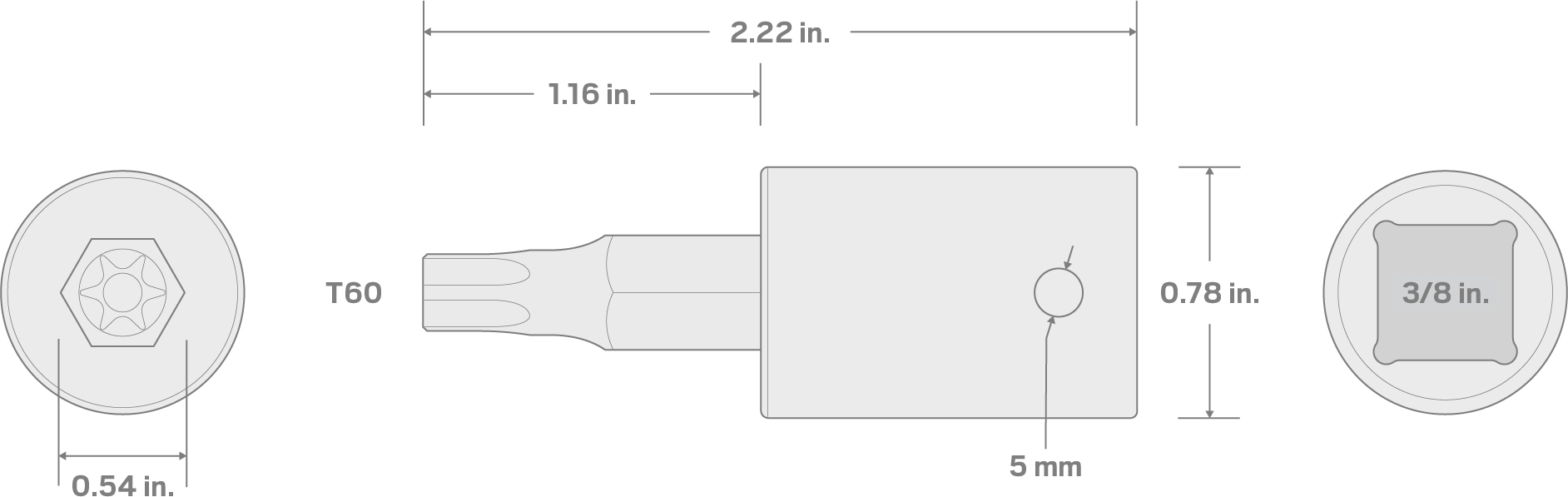 Specs for 3/8 Inch Drive x T60 Torx Impact Bit Socket