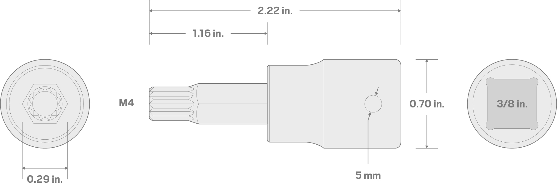 Specs for 3/8 Inch Drive x M4 Triple Square Impact Bit Socket