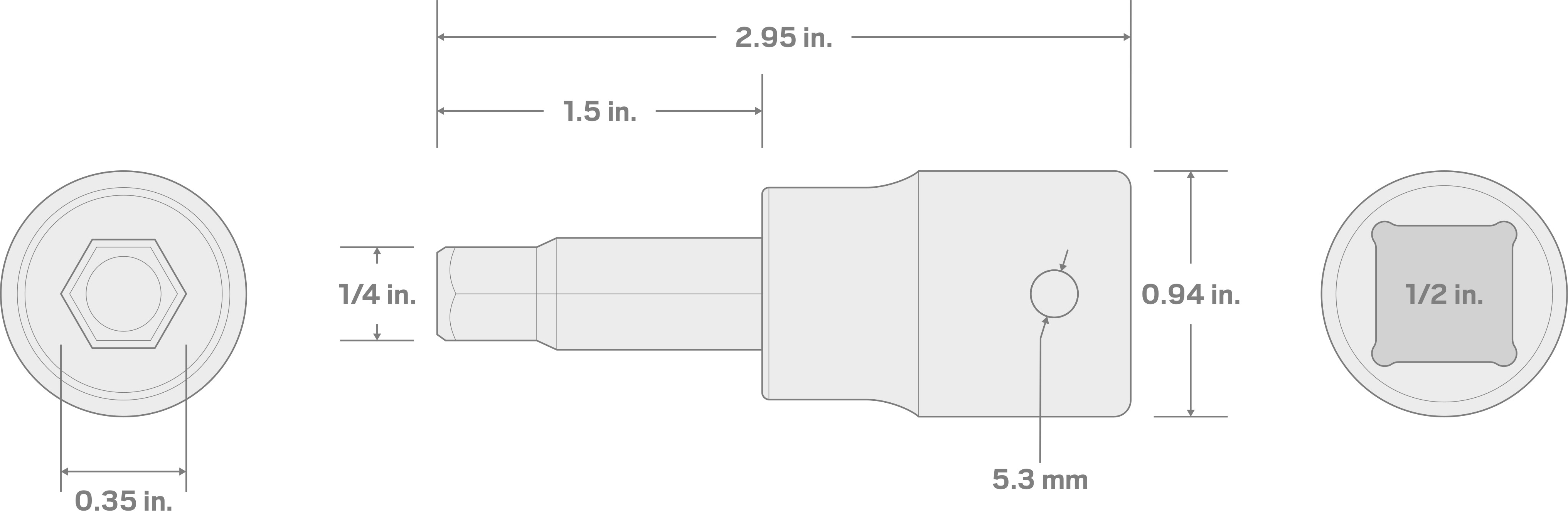 Specs for 1/2 Inch Drive x 1/4 Inch Hex Impact Bit Socket