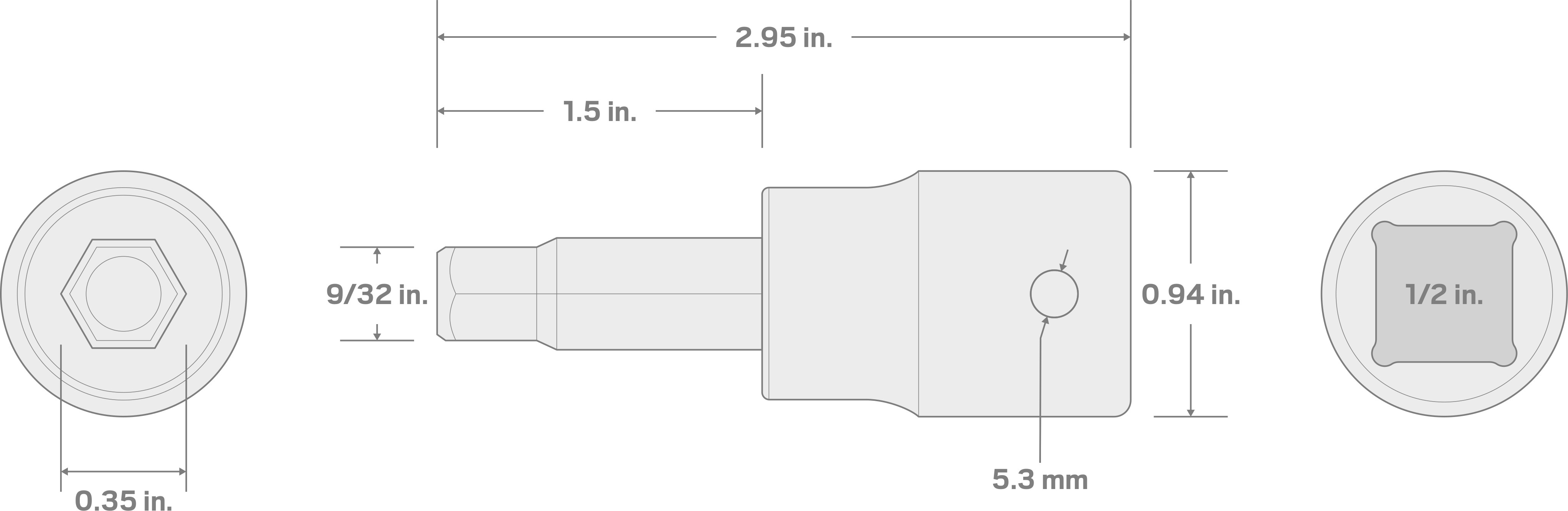 Specs for 1/2 Inch Drive x 9/32 Inch Hex Impact Bit Socket