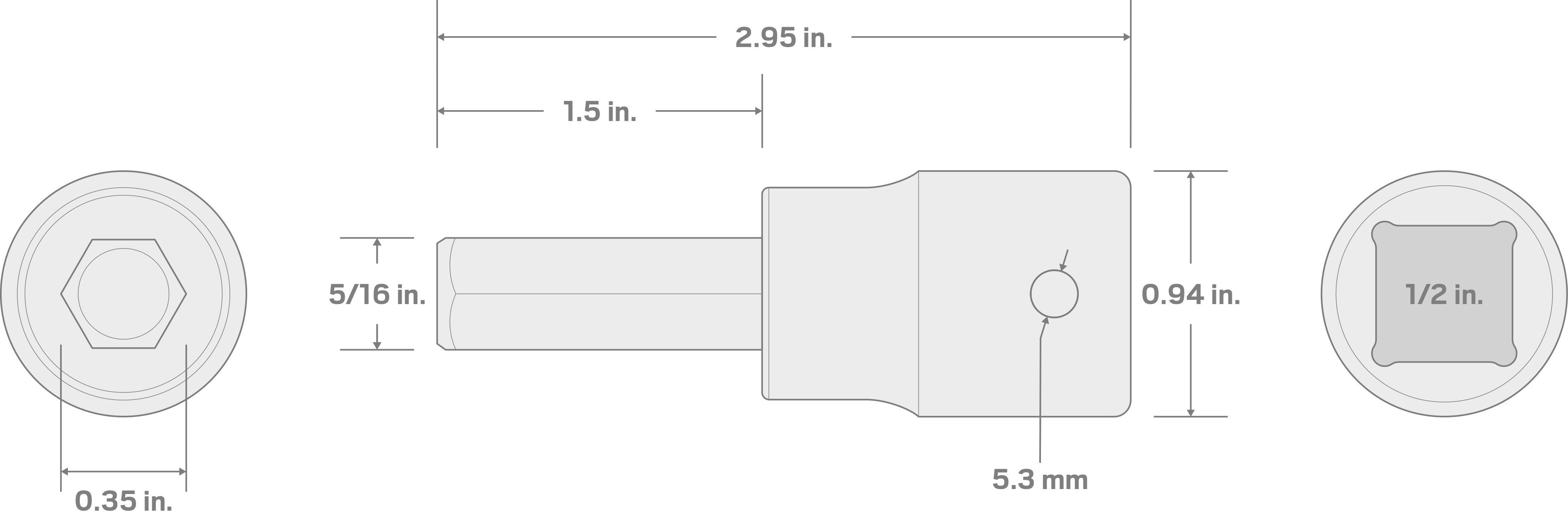 Specs for 1/2 Inch Drive x 5/16 Inch Hex Impact Bit Socket