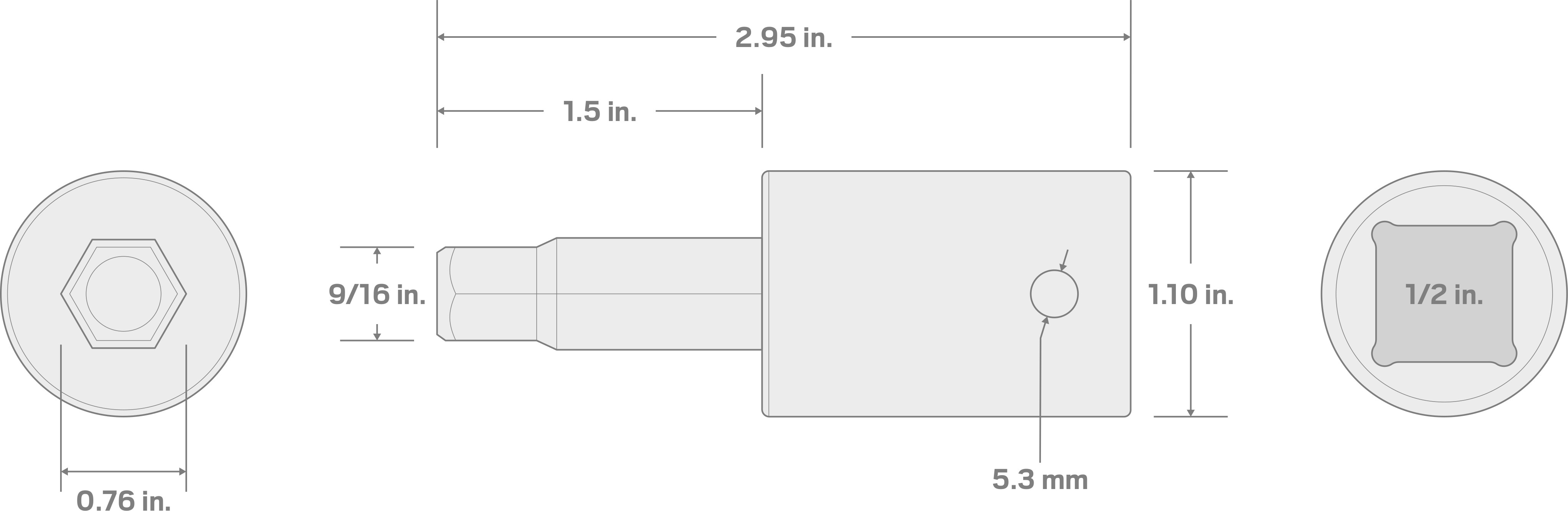 Specs for 1/2 Inch Drive x 9/16 Inch Hex Impact Bit Socket