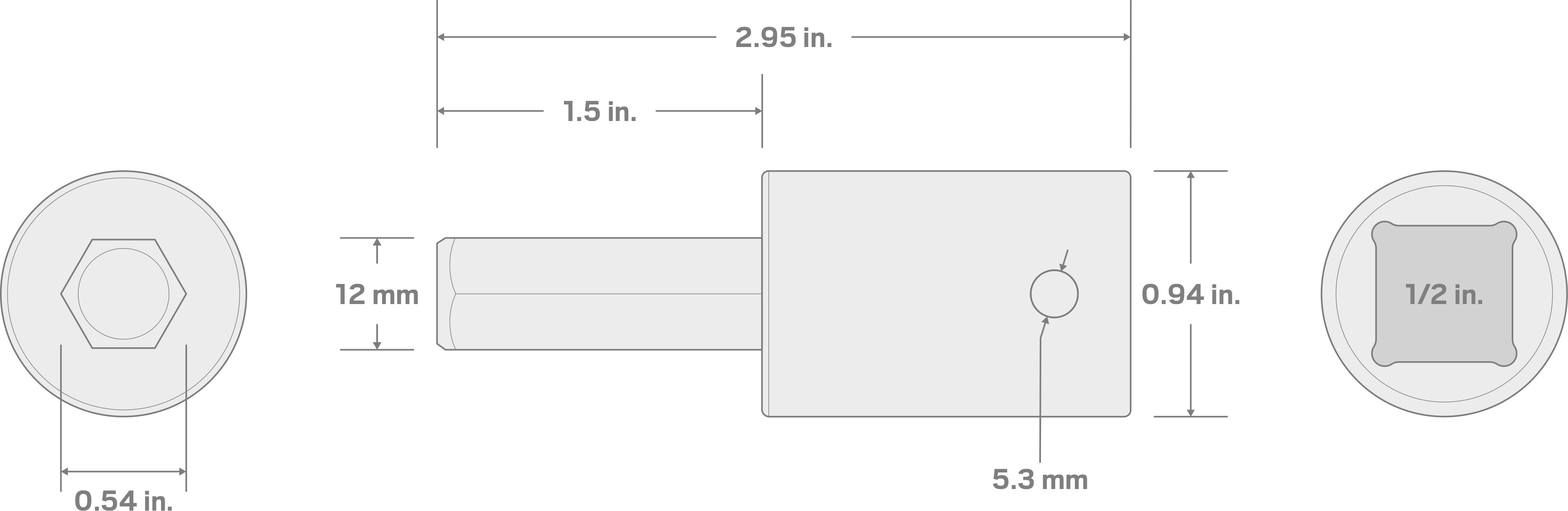 Specs for 1/2 Inch Drive x 12 mm Hex Impact Bit Socket