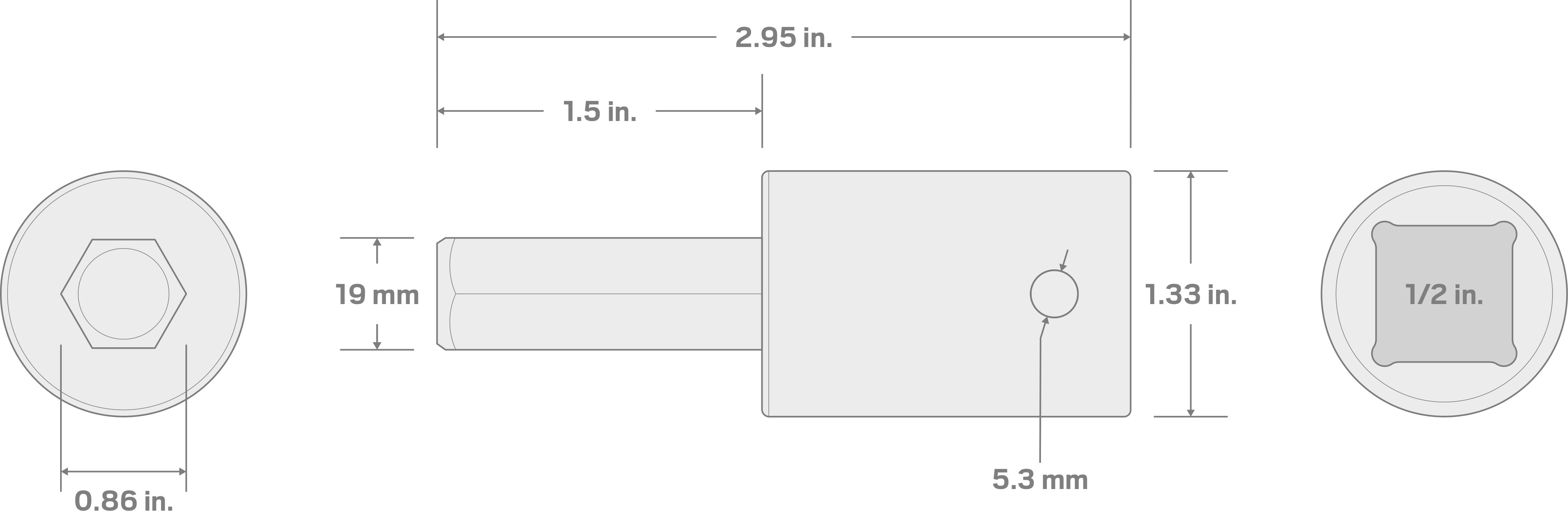 Specs for 1/2 Inch Drive x 19 mm Hex Impact Bit Socket