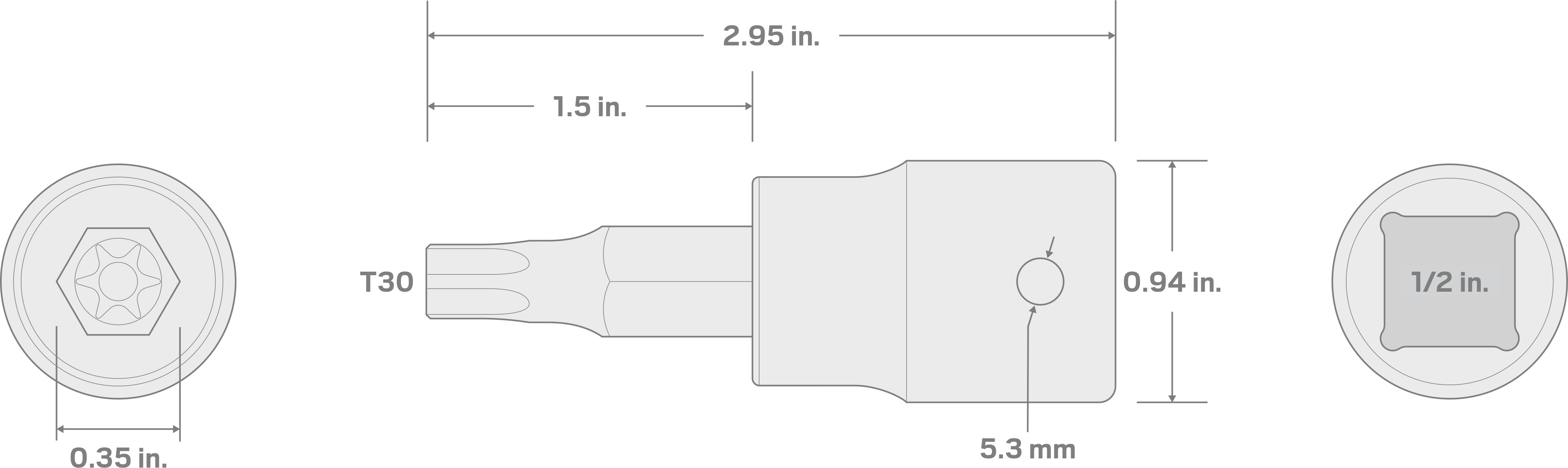 Specs for 1/2 Inch Drive x T30 Torx Impact Bit Socket