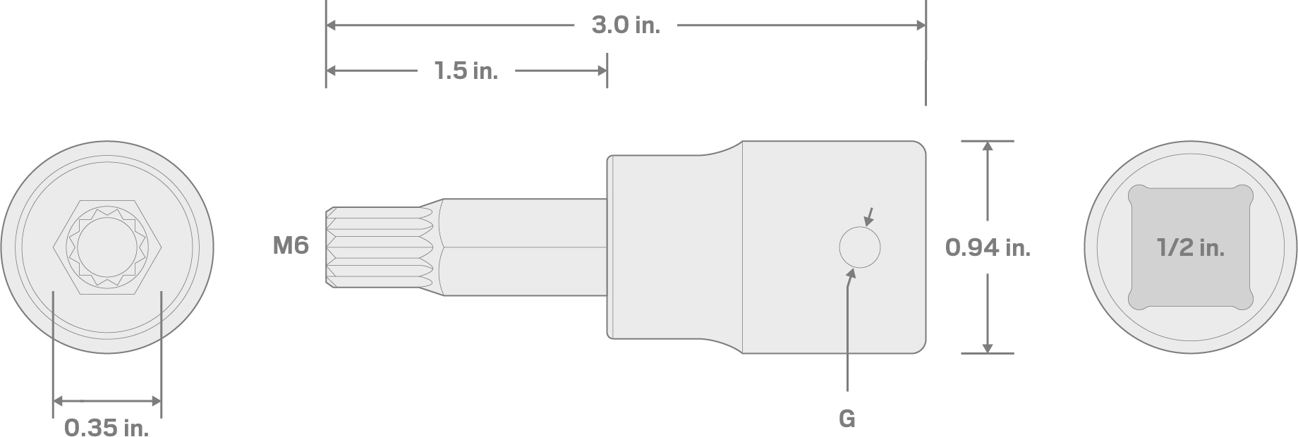 Specs for 1/2 Inch Drive x M6 Triple Square Impact Bit Socket