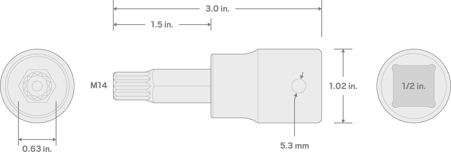 Specs for 1/2 Inch Drive x MT14 Tamper-Resistant Triple Square Impact Bit Socket