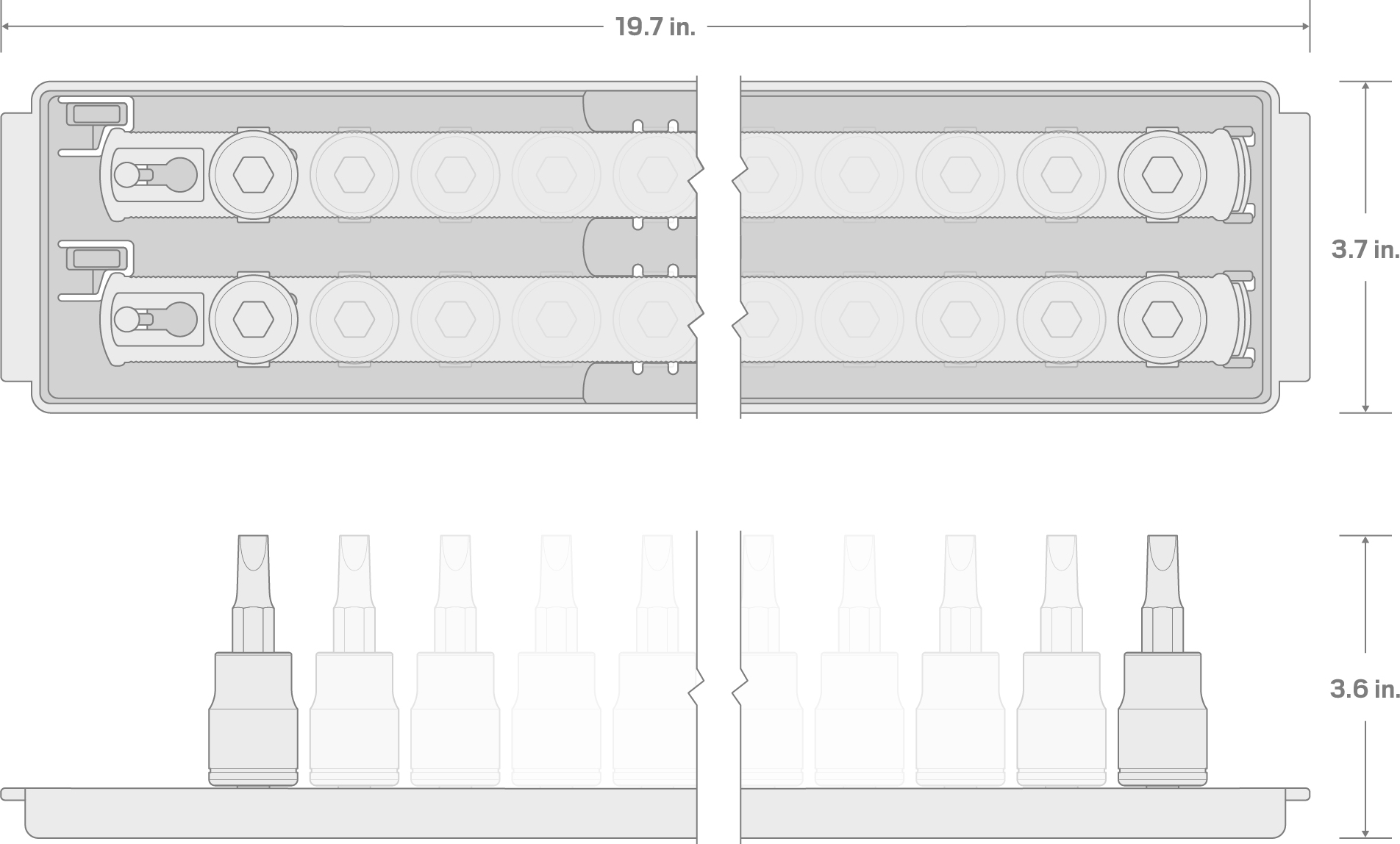 Specs for 1/2 Inch Drive Hex Impact Bit Socket Set with Rails and Tray, 24-Piece (1/4-3/4 in., 6-19 mm)