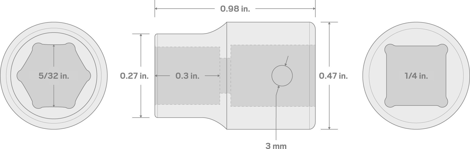 Specs for 1/4 Inch Drive x 5/32 Inch 6-Point Impact Socket