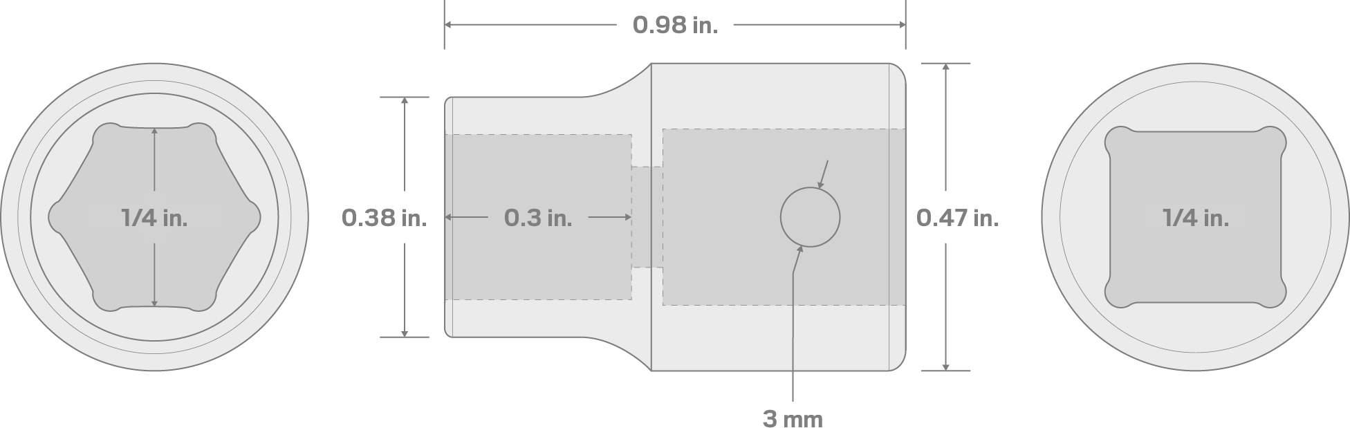 Specs for 1/4 Inch Drive x 1/4 Inch 6-Point Impact Socket