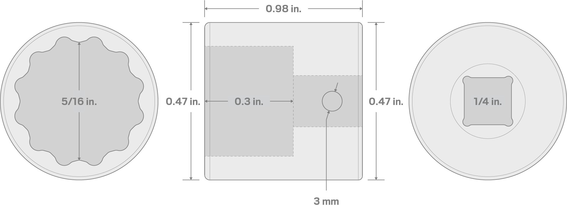 Specs for 1/4 Inch Drive x 5/16 Inch 12-Point Impact Socket