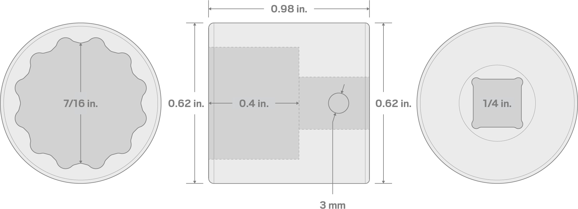 Specs for 1/4 Inch Drive x 7/16 Inch 12-Point Impact Socket