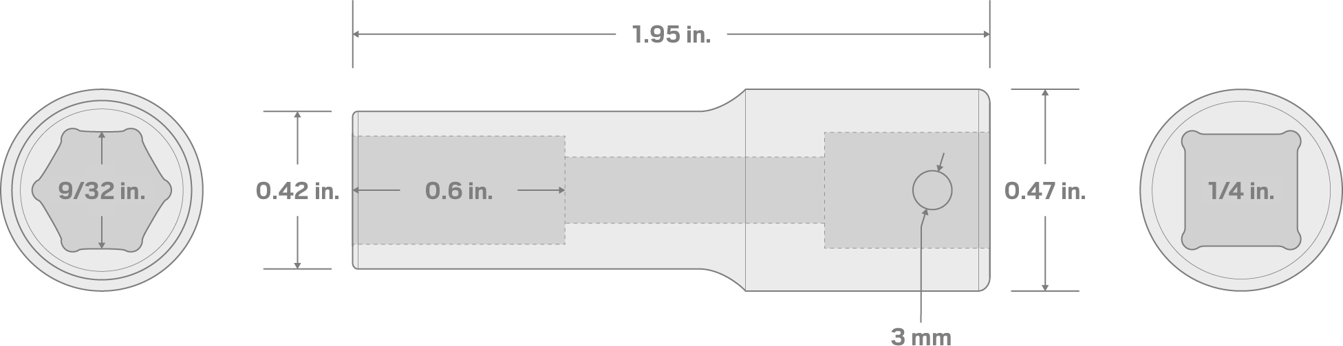 Specs for 1/4 Inch Drive x 9/32 Inch Deep 6-Point Impact Socket