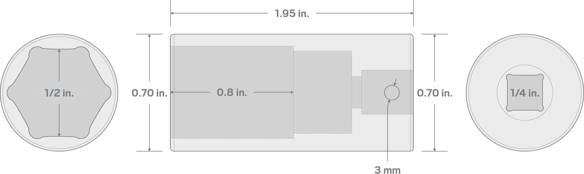 Specs for 1/4 Inch Drive x 1/2 Inch Deep 6-Point Impact Socket