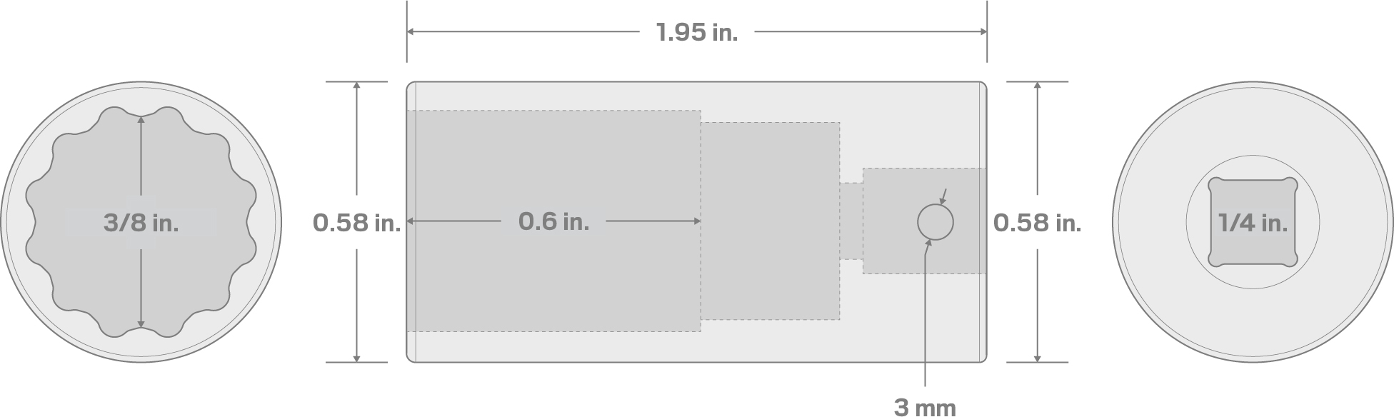 Specs for 1/4 Inch Drive x 3/8 Inch Deep 12-Point Impact Socket