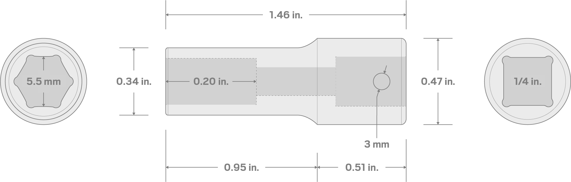 Specs for 1/4 Inch Drive x 5.5 mm Semi-Deep 6-Point Impact Socket