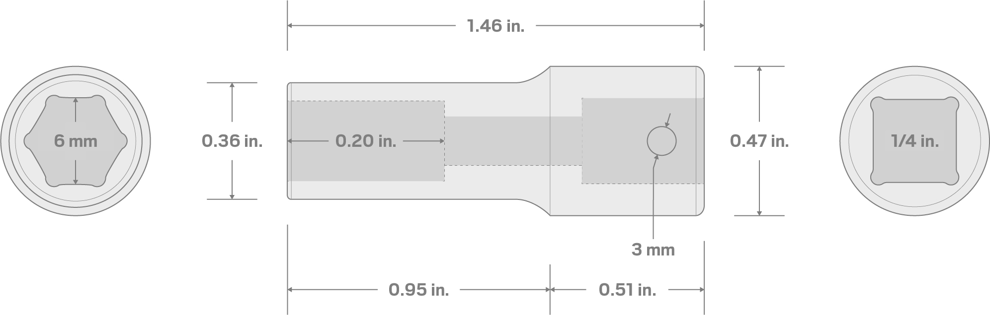 Specs for 1/4 Inch Drive x 6 mm Semi-Deep 6-Point Impact Socket