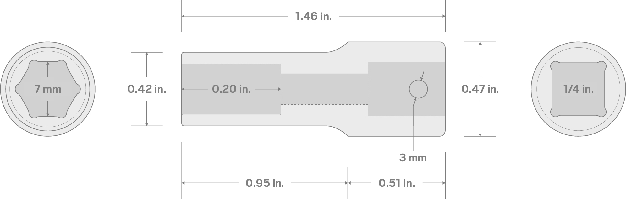 Specs for 1/4 Inch Drive x 7 mm Semi-Deep 6-Point Impact Socket