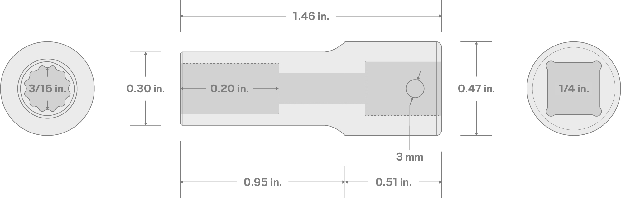 Specs for 1/4 Inch Drive x 3/16 Inch Semi-Deep 12-Point Impact Socket