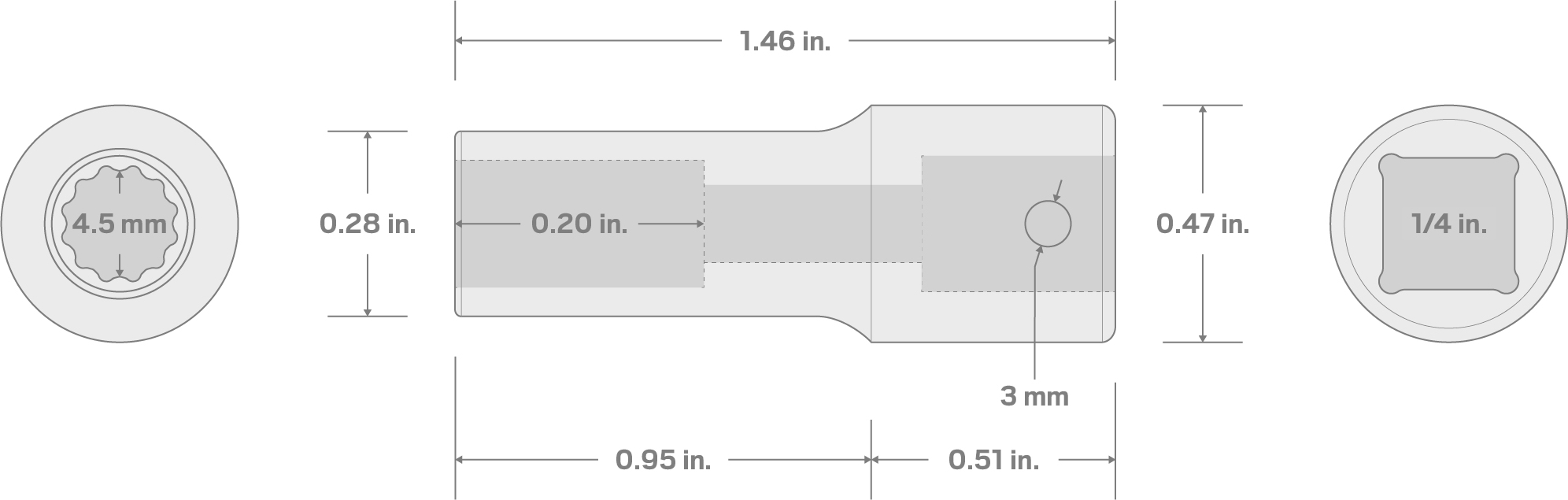 Specs for 1/4 Inch Drive x 4.5 mm Semi-Deep 12-Point Impact Socket