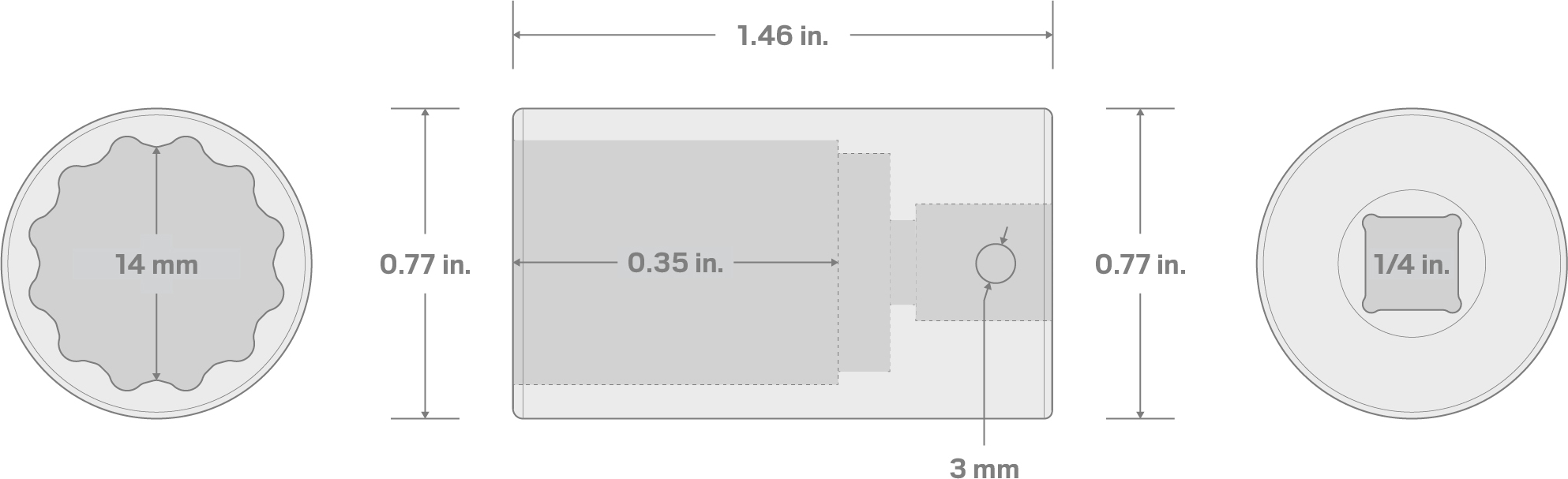 Specs for 1/4 Inch Drive x 14 mm Semi-Deep 12-Point Impact Socket