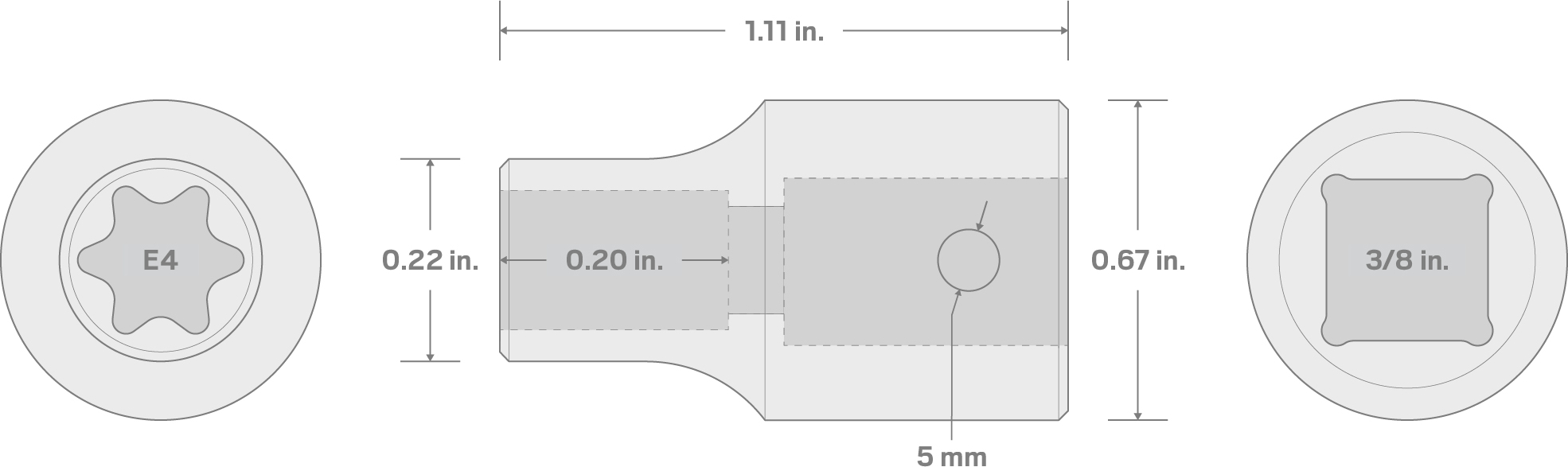 Specs for 3/8 Inch Drive x E4 External Star Impact Socket