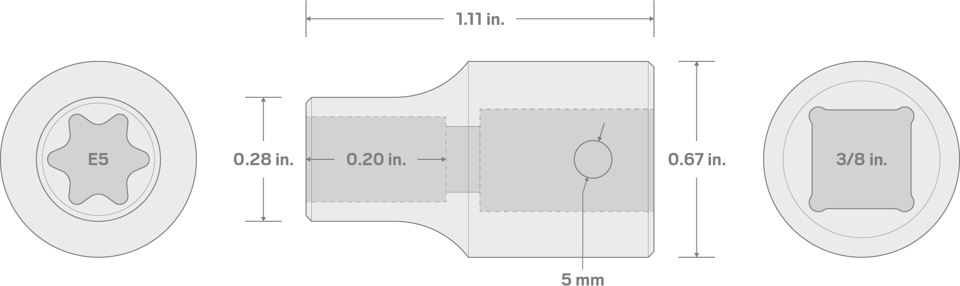 Specs for 3/8 Inch Drive x E5 External Star Impact Socket