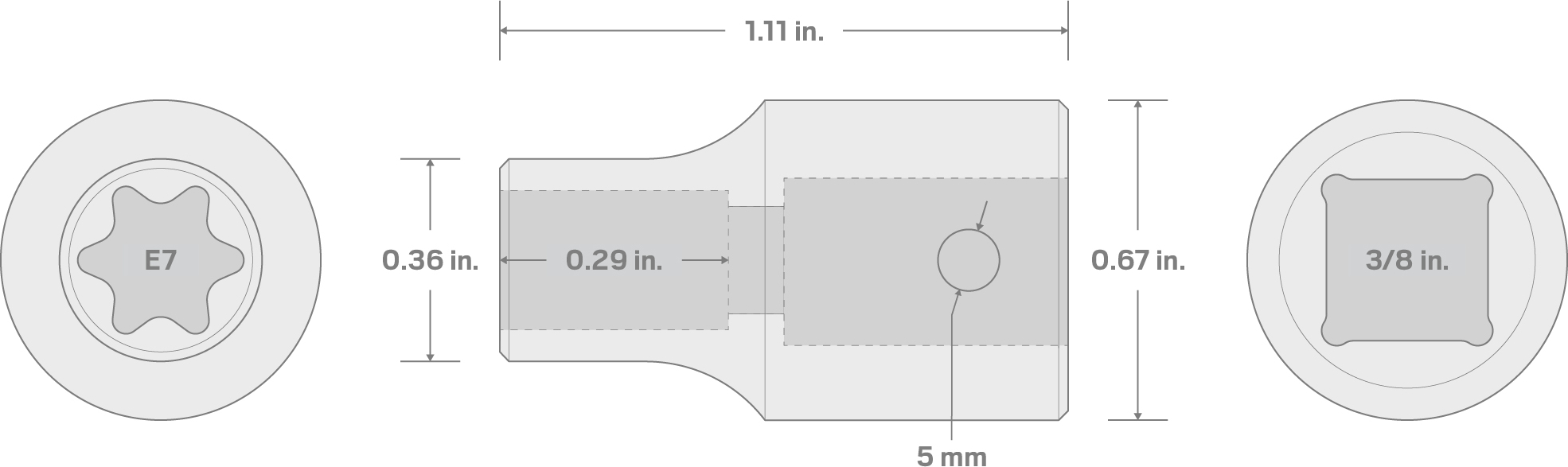 Specs for 3/8 Inch Drive x E7 External Star Impact Socket