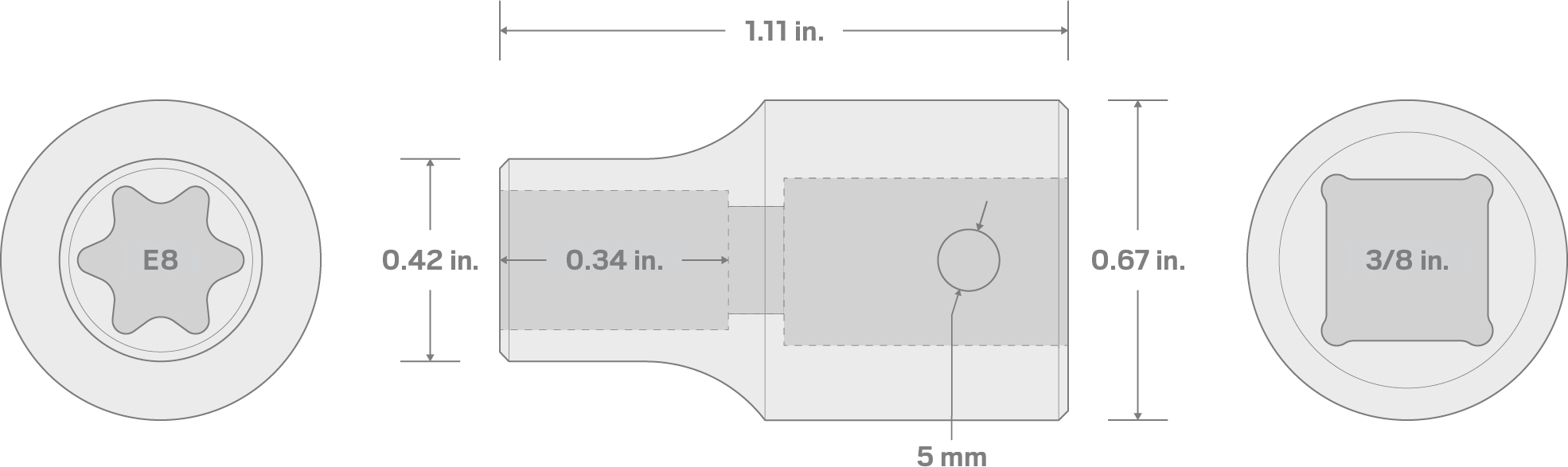 Specs for 3/8 Inch Drive x E8 External Star Impact Socket