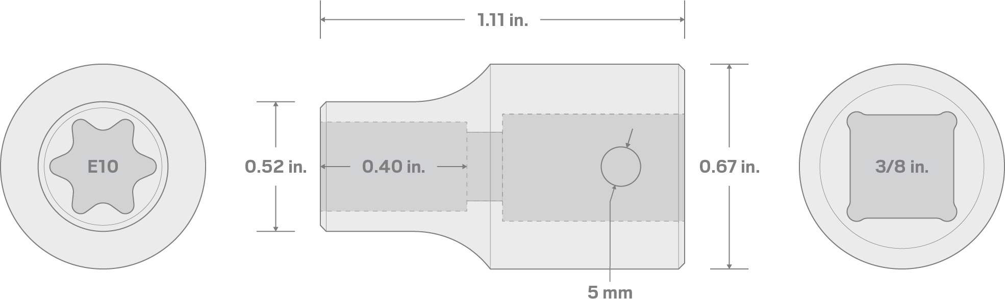 Specs for 3/8 Inch Drive x E10 External Star Impact Socket