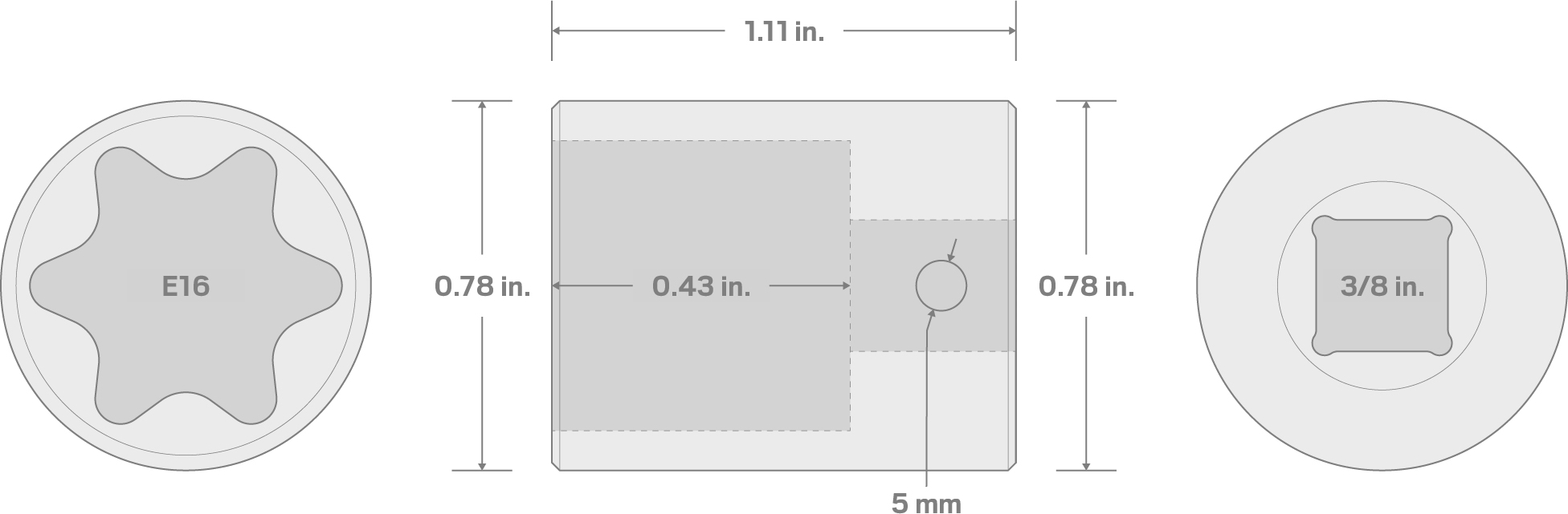 Specs for 3/8 Inch Drive x E16 External Star Impact Socket