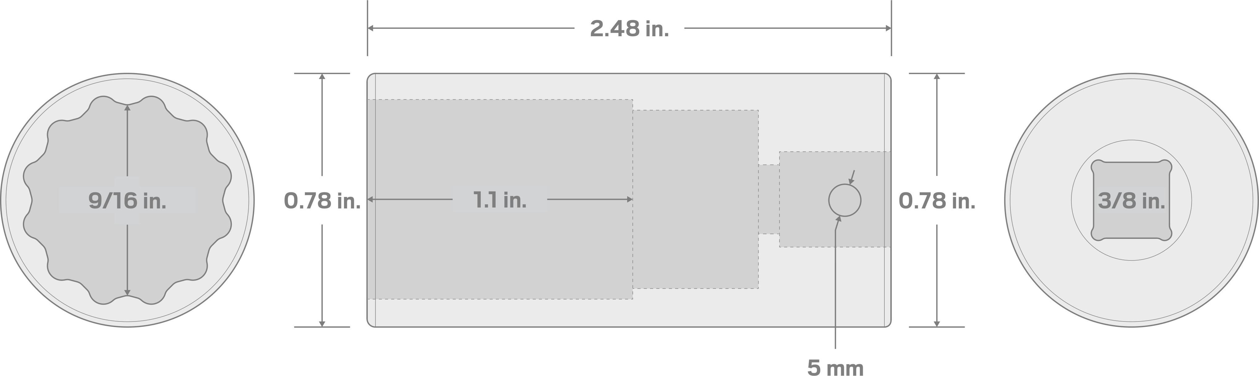 Specs for 3/8 Inch Drive x 9/16 Inch Deep 12-Point Impact Socket