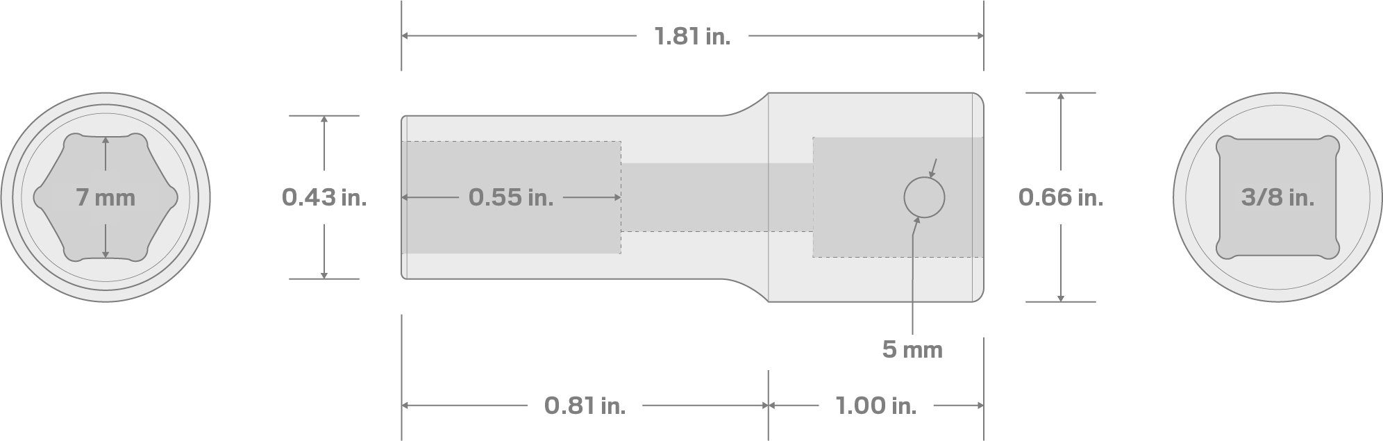 Specs for 3/8 Inch Drive x 7 mm Semi-Deep 6-Point Impact Socket