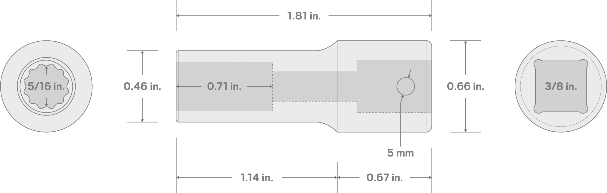 Specs for 3/8 Inch Drive x 5/16 Inch Semi-Deep 12-Point Impact Socket