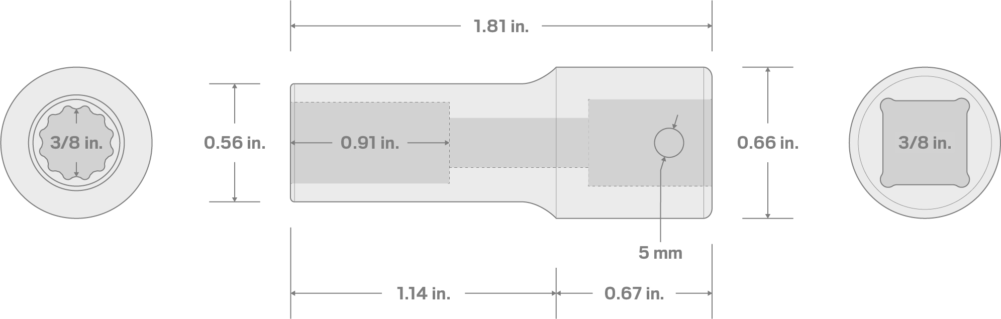 Specs for 3/8 Inch Drive x 3/8 Inch Semi-Deep 12-Point Impact Socket