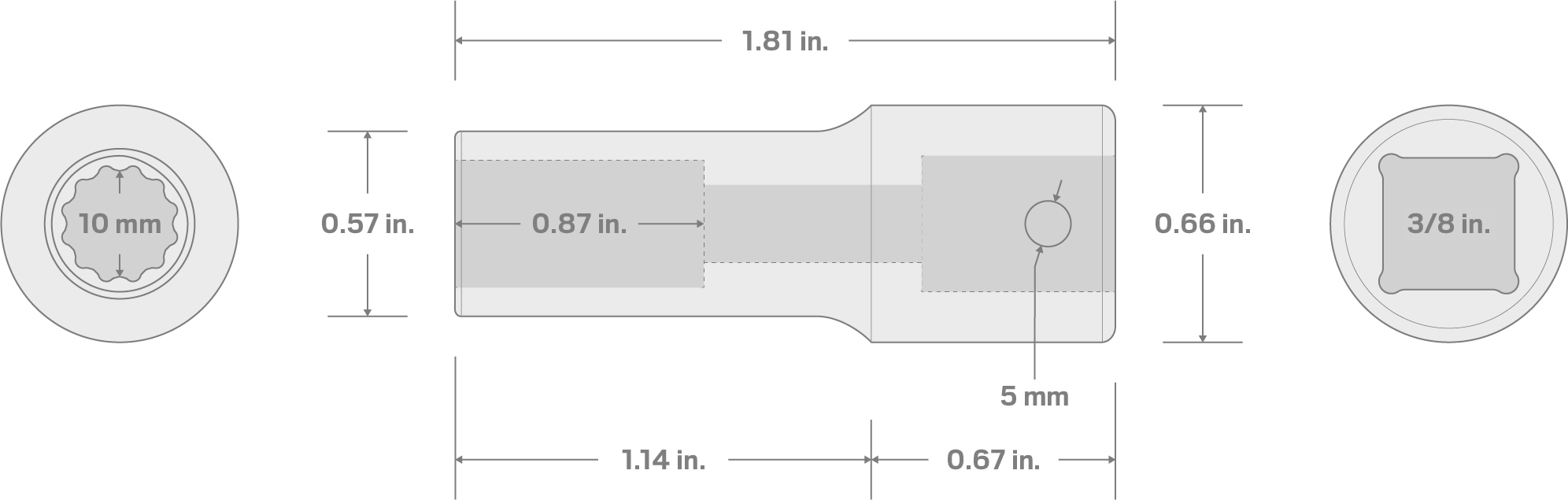 Specs for 3/8 Inch Drive x 10 mm Semi-Deep 12-Point Impact Socket