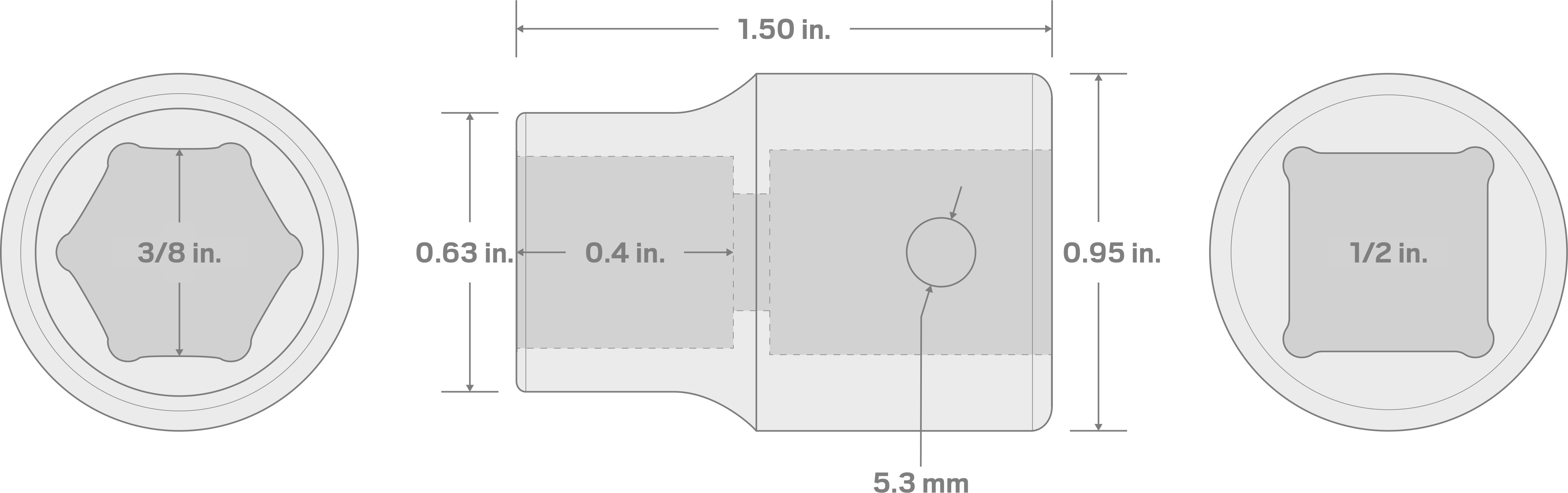 Specs for 1/2 Inch Drive x 3/8 Inch 6-Point Impact Socket