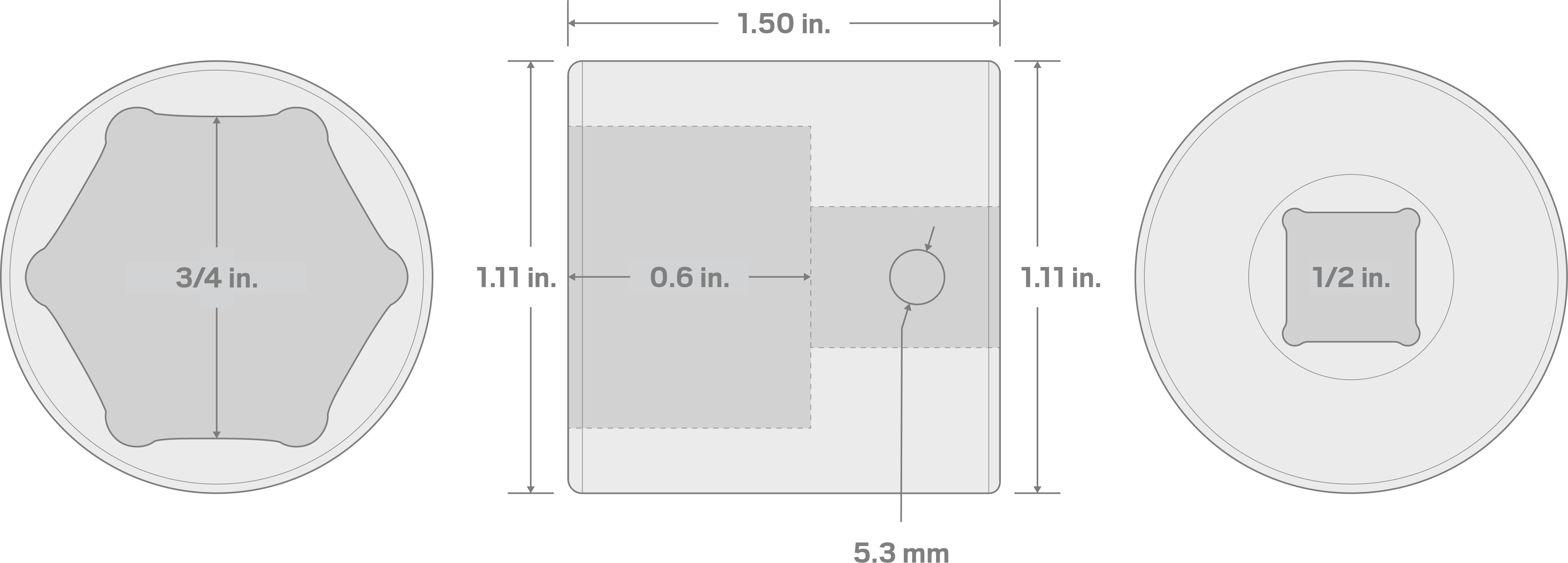 Specs for 1/2 Inch Drive x 3/4 Inch 6-Point Impact Socket