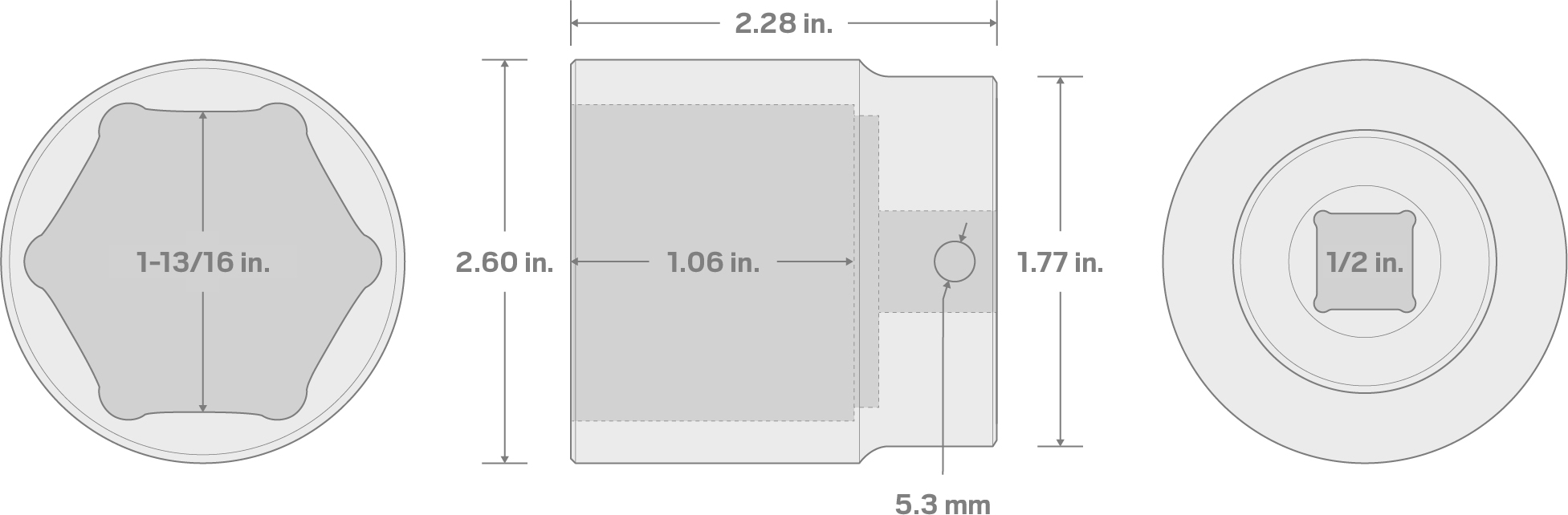 Specs for 1/2 Inch Drive x 1-13/16 Inch 6-Point Impact Socket