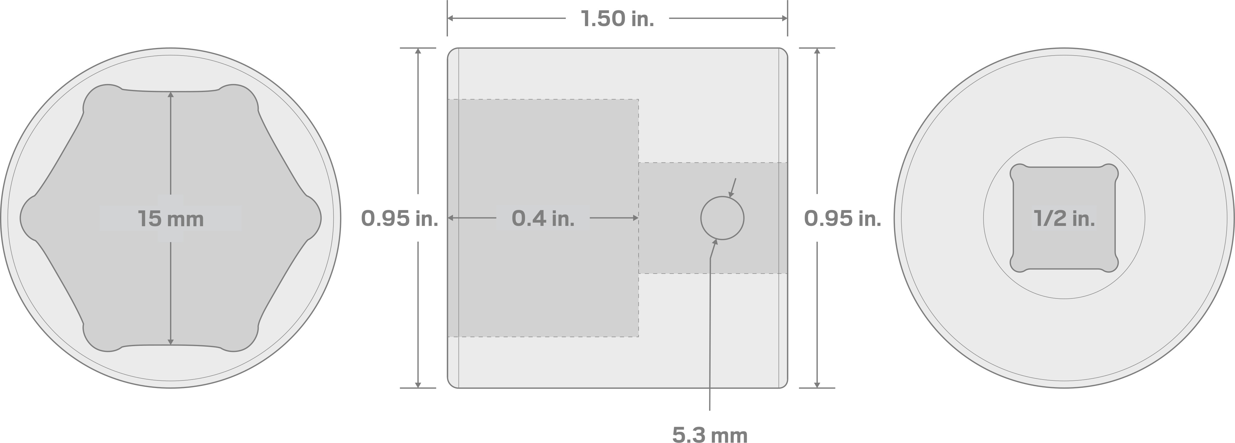 Specs for 1/2 Inch Drive x 15 mm 6-Point Impact Socket