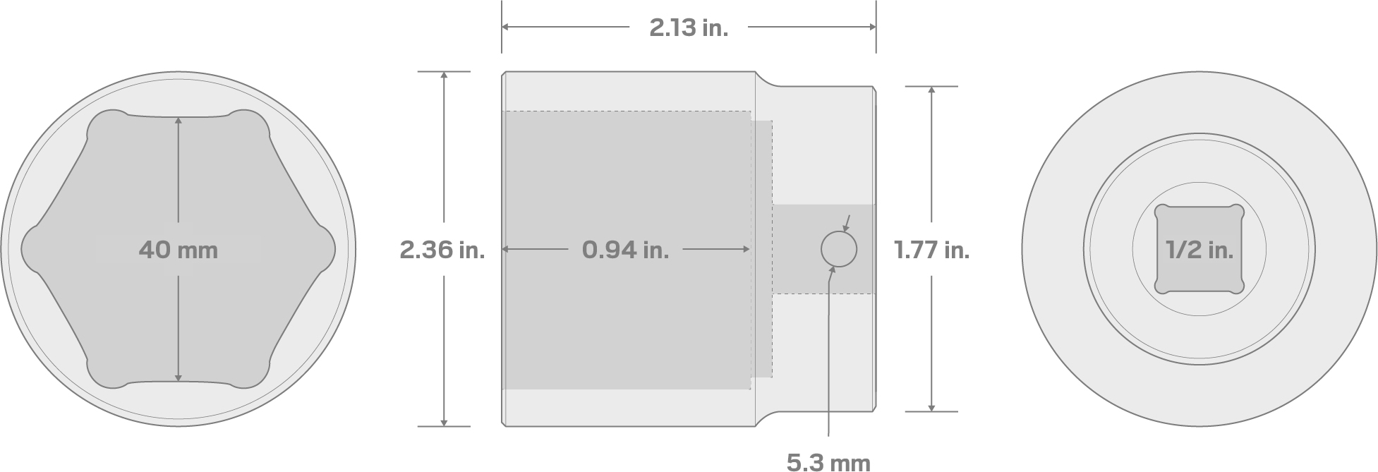 Specs for 1/2 Inch Drive x 40 mm Shallow 6-Point Impact Socket