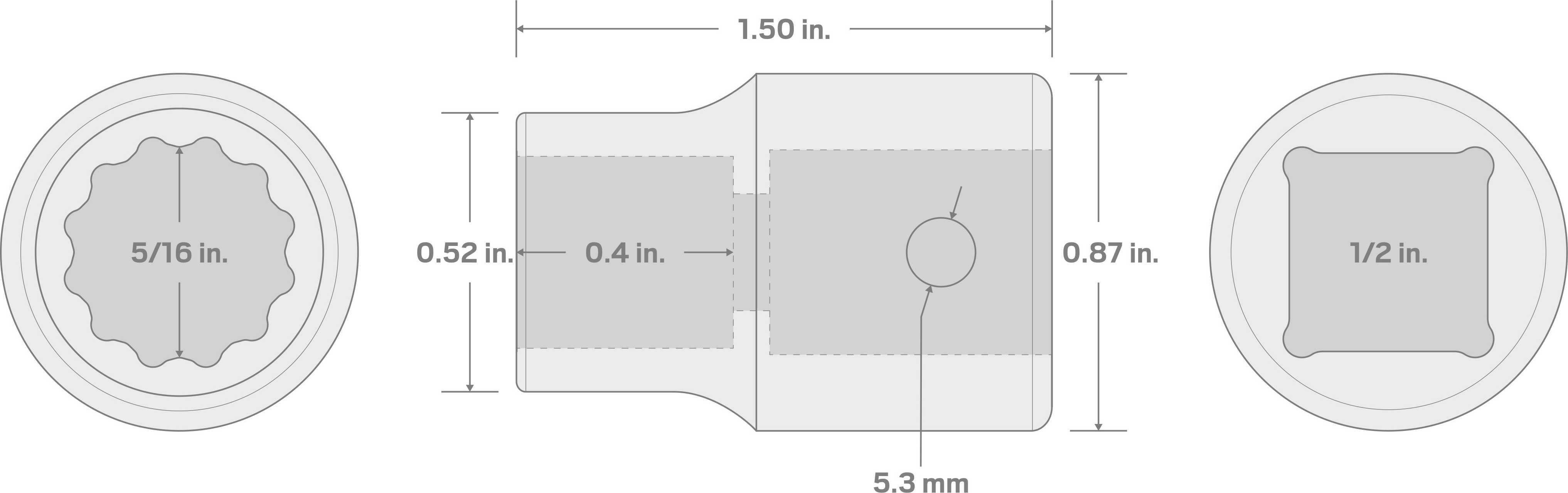 Specs for 1/2 Inch Drive x 5/16 Inch 12-Point Impact Socket