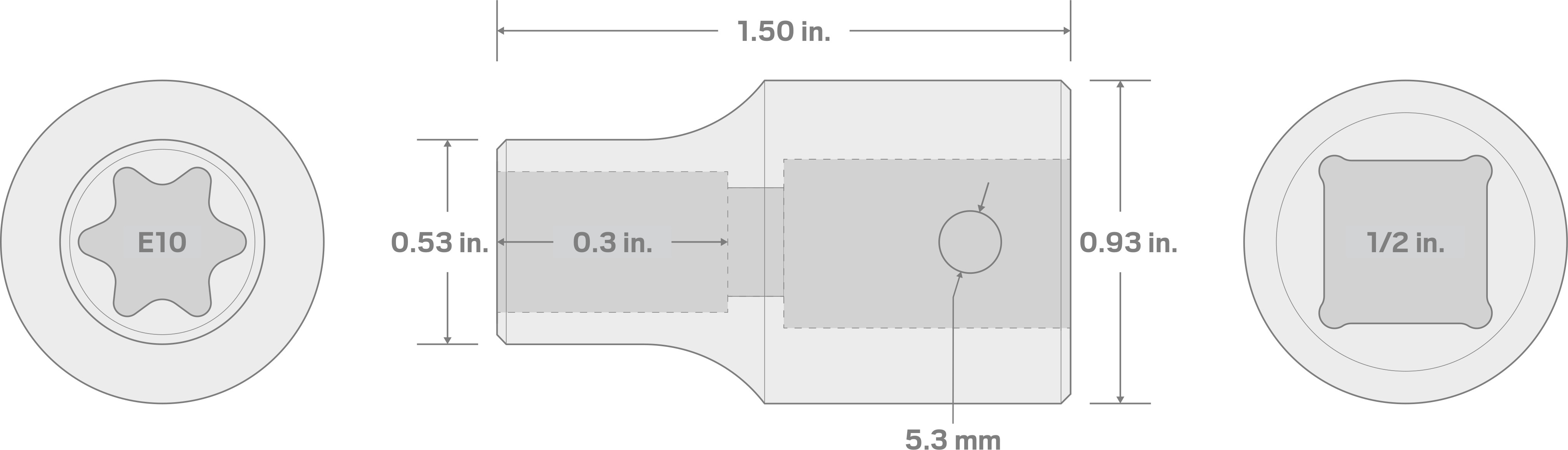 Specs for 1/2 Inch Drive x E10 External Star Impact Socket