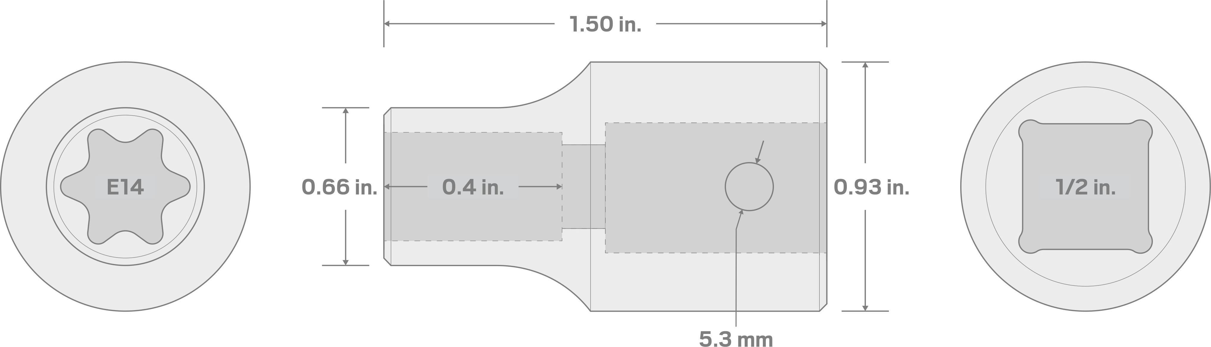 Specs for 1/2 Inch Drive x E14 External Star Impact Socket