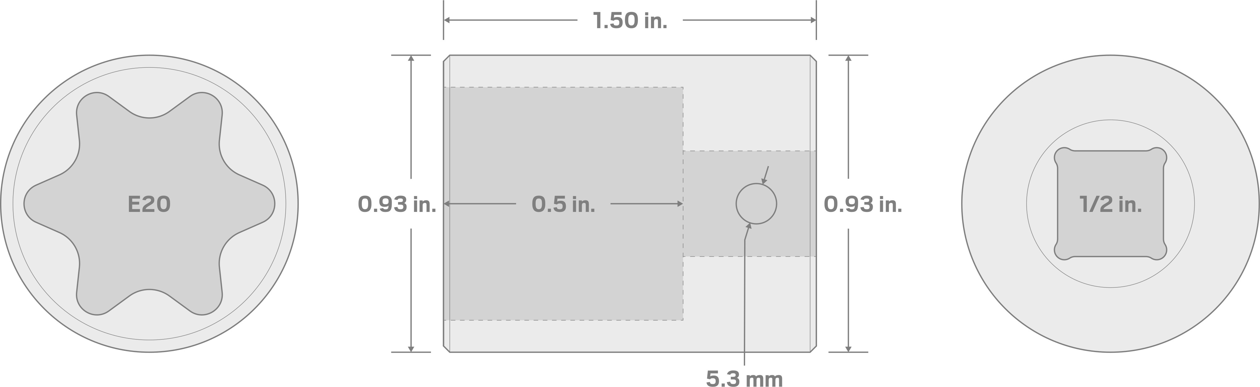 Specs for 1/2 Inch Drive x E20 External Star Impact Socket